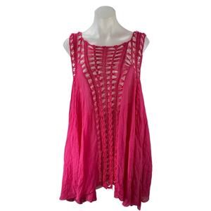 Advance Apparels Pink Crochet Knit Sleeveless Boho Mini Swing Tunic Dress Sz OS